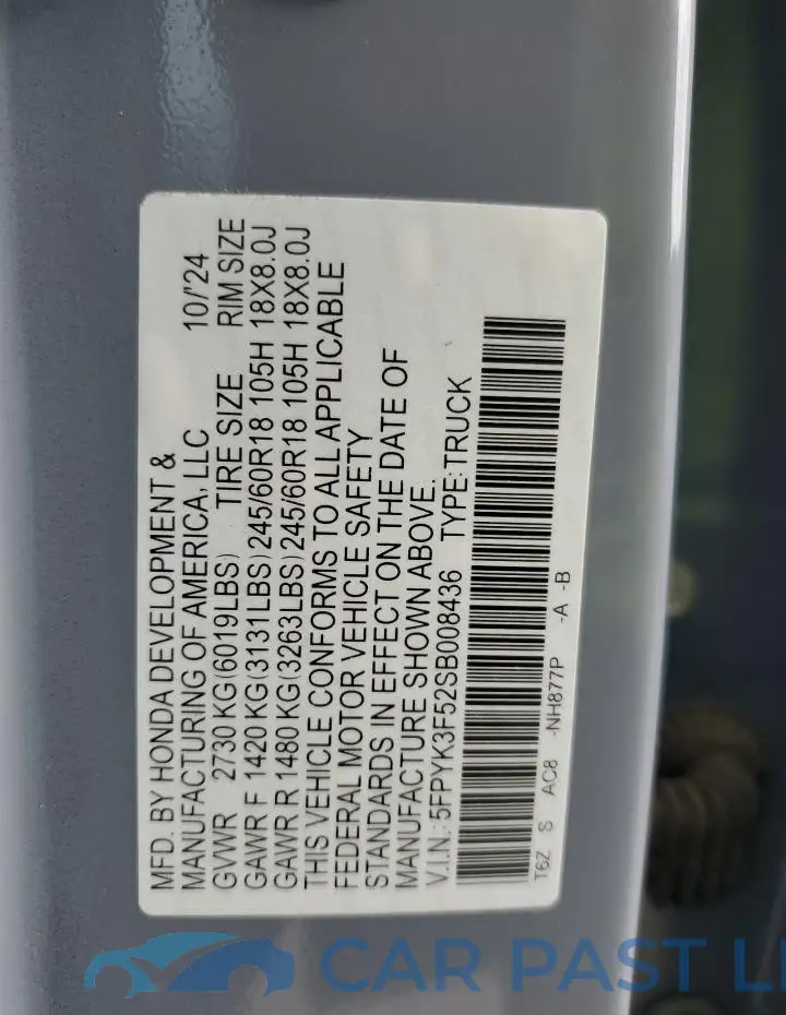 5FPYK3F52SB008436# 12