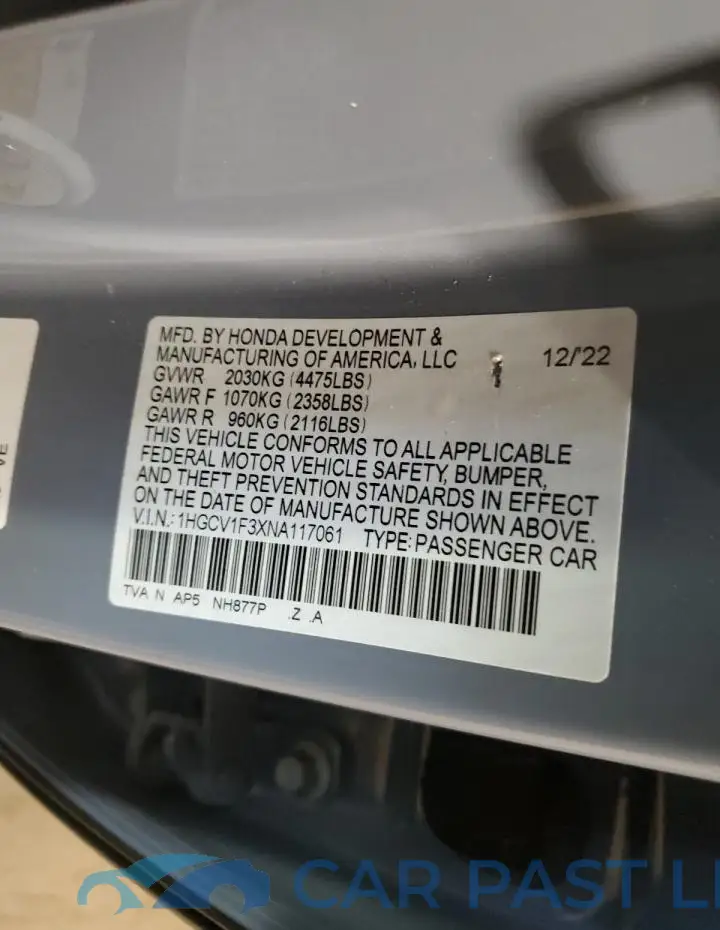 1HGCV1F3XNA117061# 12