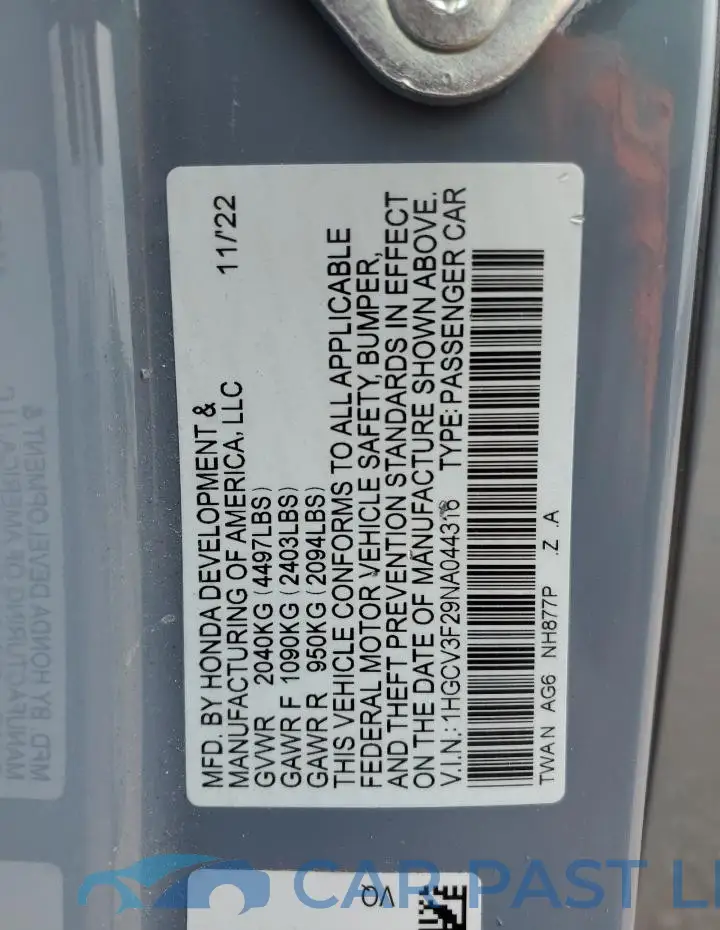 1HGCV3F29NA044316# 13