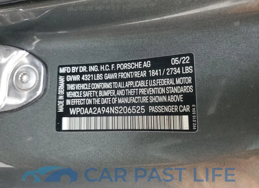 WP0AA2A94NS206525# 12