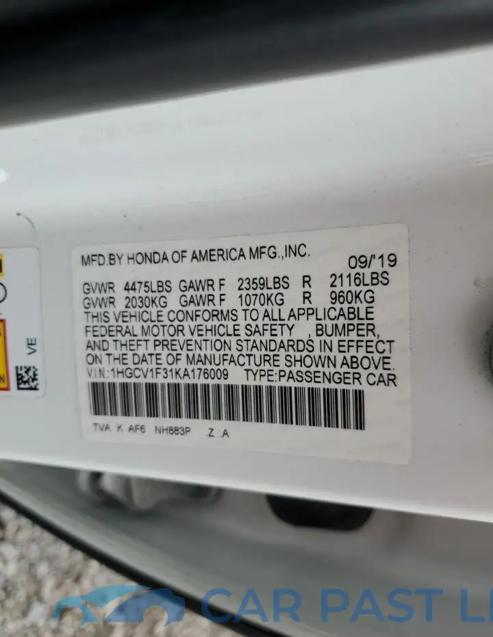 1HGCV1F31KA176009# 12