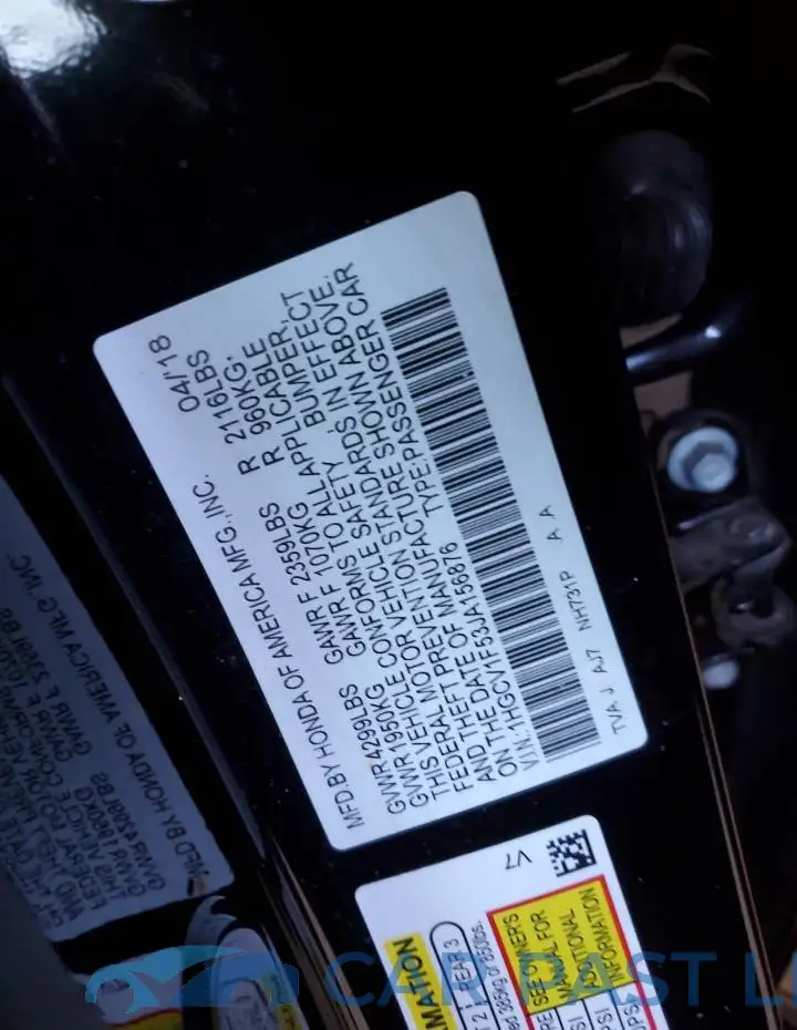 1HGCV1F53JA156876# 12