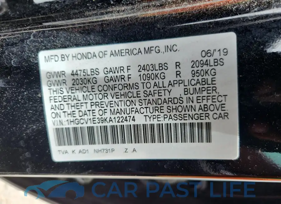 1HGCV1E39KA122474# 12
