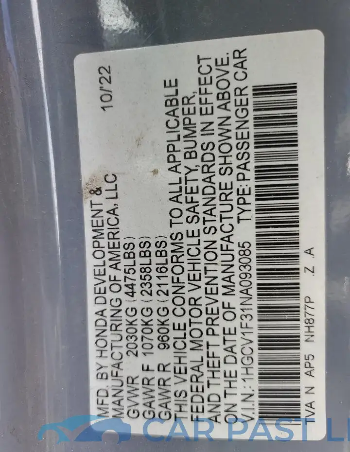 1HGCV1F31NA093085# 12