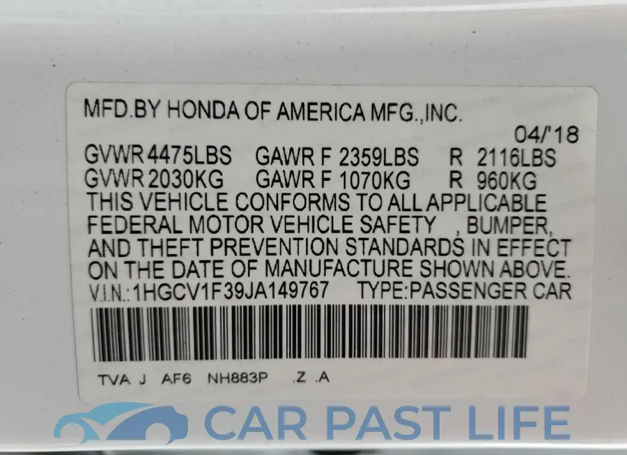 1HGCV1F39JA149767# 12