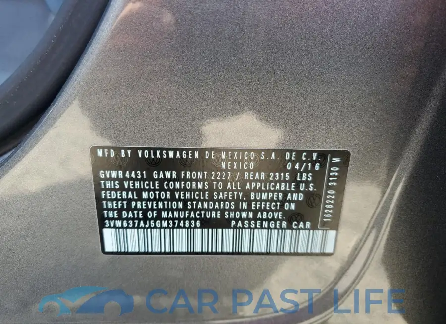 3VW637AJ5GM374836# 13