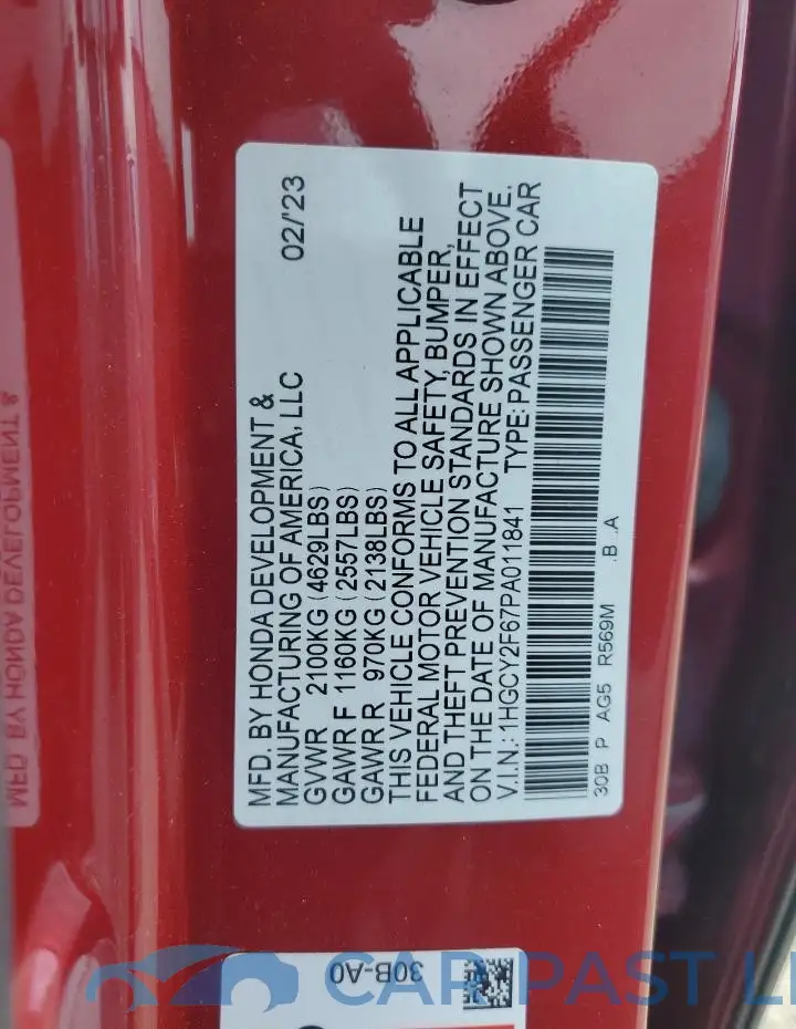 1HGCY2F67PA011841# 12