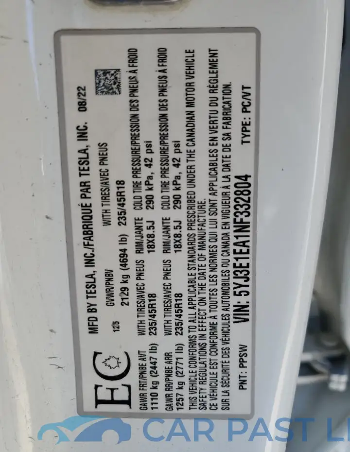 5YJ3E1EA1NF332804# 12