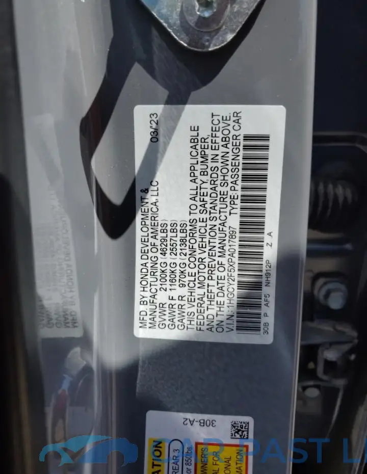 1HGCY2F5XPA017897# 12
