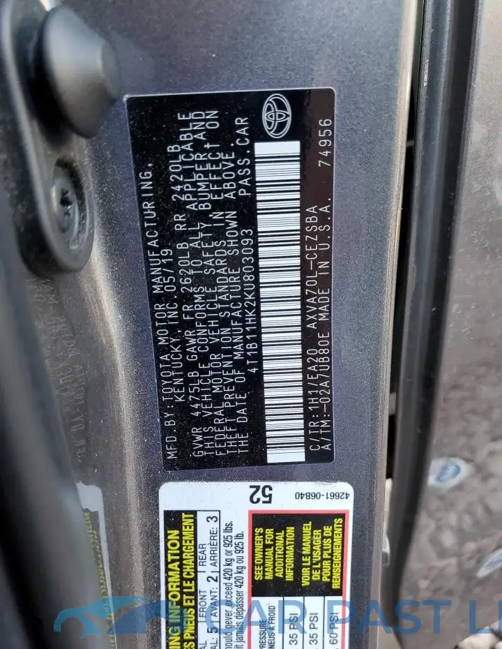 4T1B11HK2KU803093# 12
