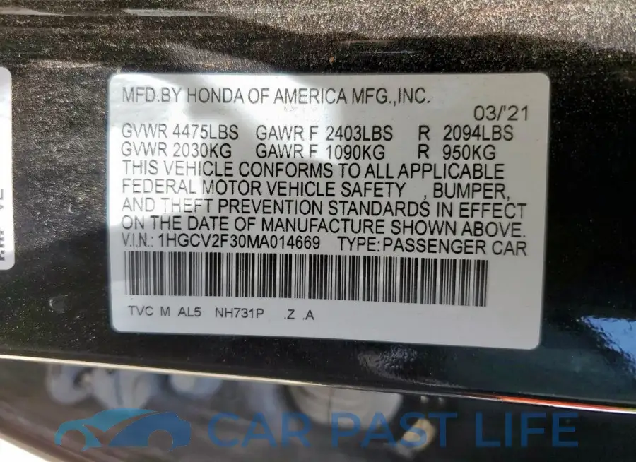 1HGCV2F30MA014669# 12