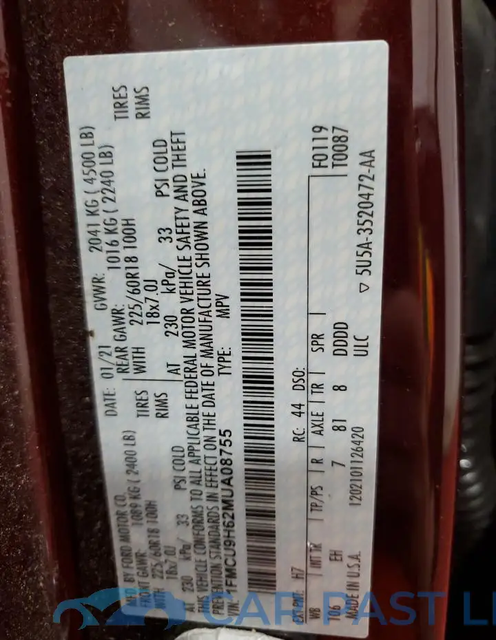 1FMCU9H62MUA08755# 13
