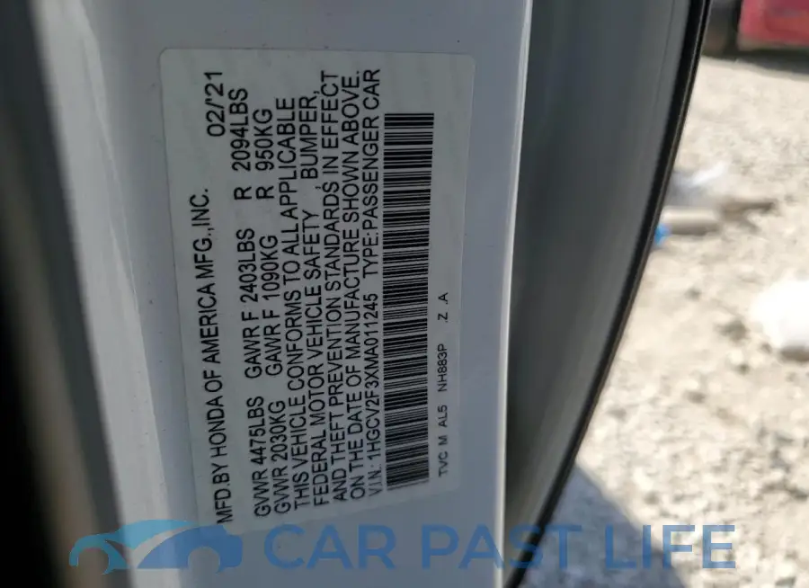 1HGCV2F3XMA011245# 12