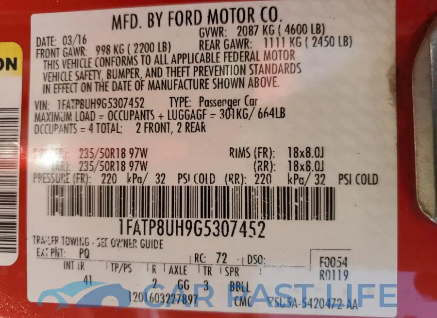 1FATP8UH9G5307452# 12