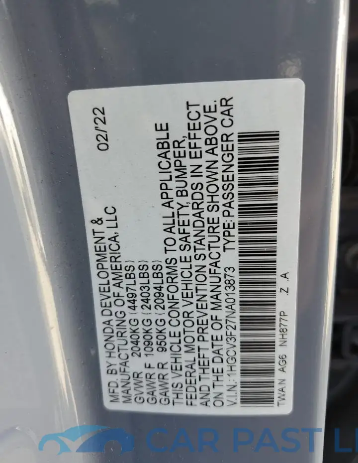 1HGCV3F27NA013873# 12
