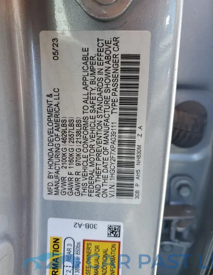 1HGCY2F7XPA039111# 12