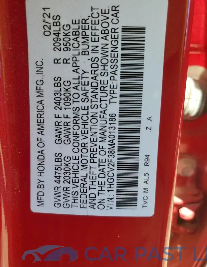 1HGCV2F38MA013186# 12