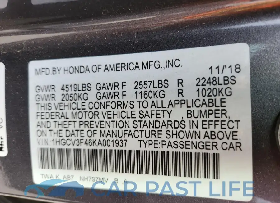 1HGCV3F46KA001937# 12
