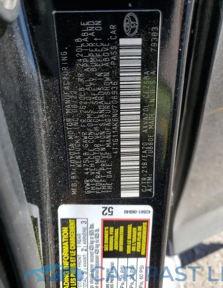 4T1G11AK6NU706936# 12