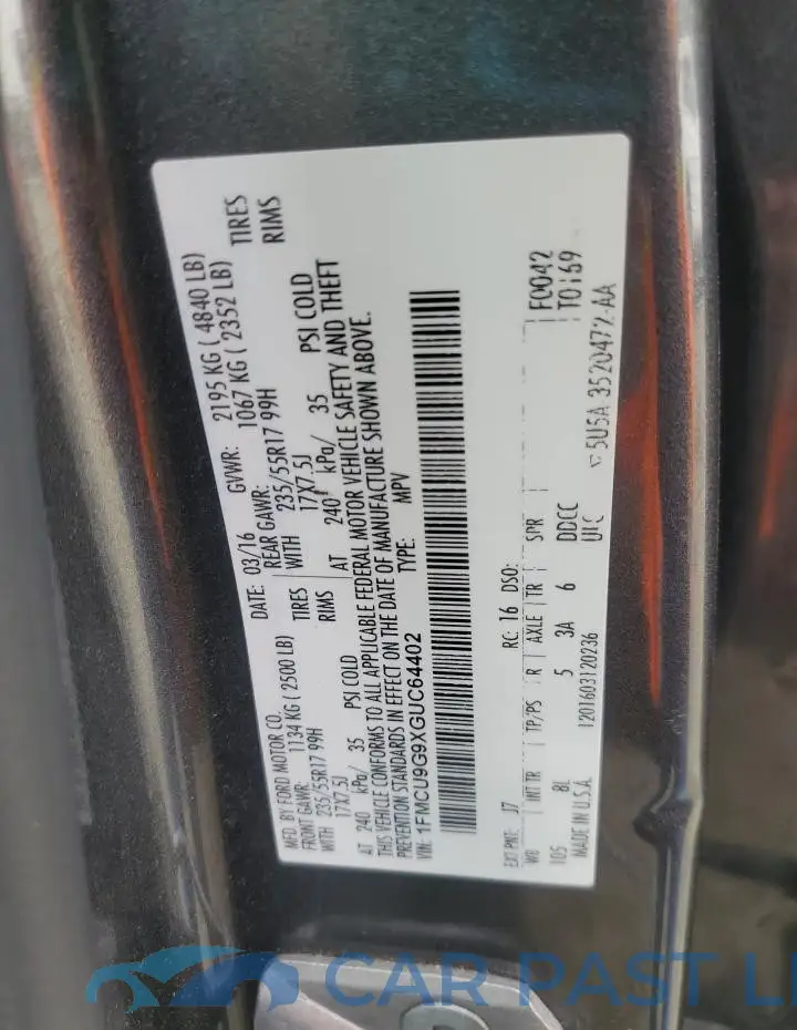 1FMCU9G9XGUC64402# 13
