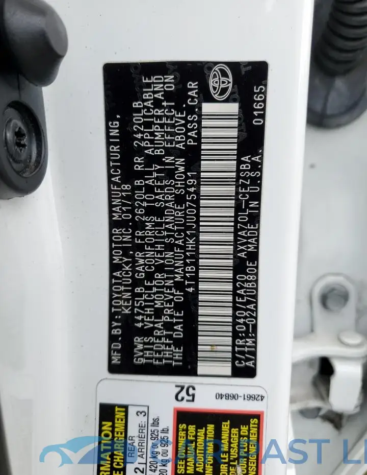 4T1B11HK1JU075491# 12