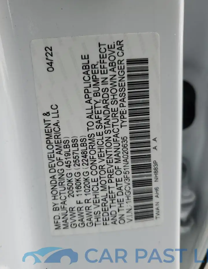 1HGCV3F51NA020635# 12