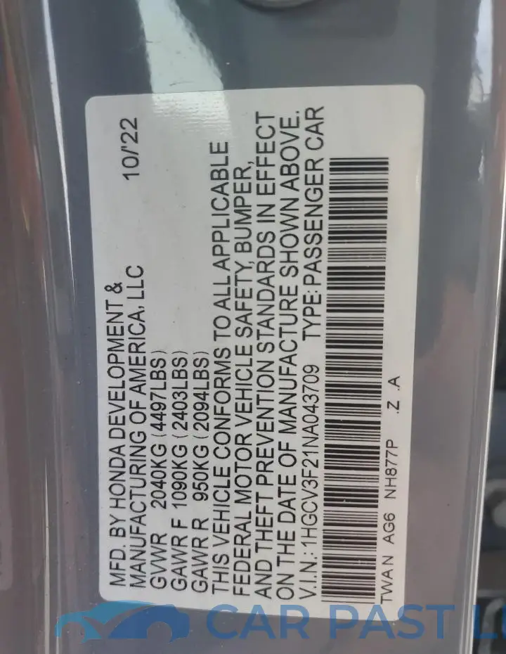 1HGCV3F21NA043709# 12