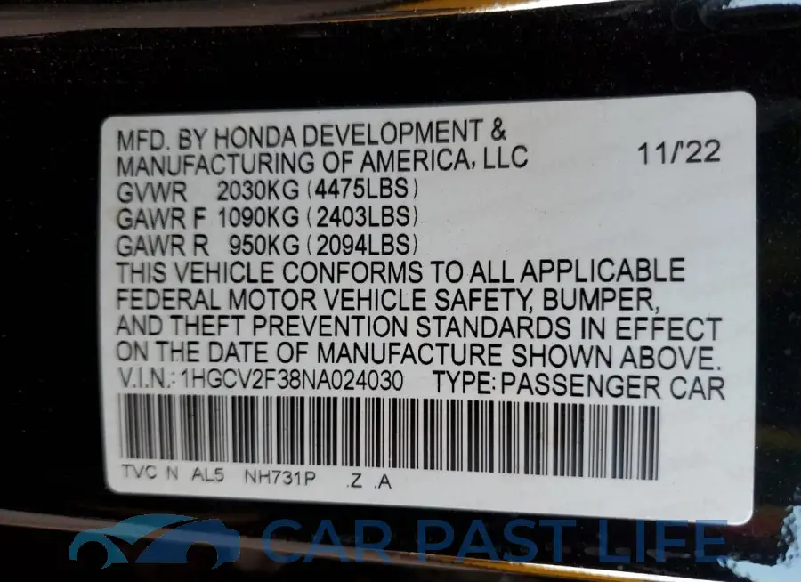 1HGCV2F38NA024030# 12