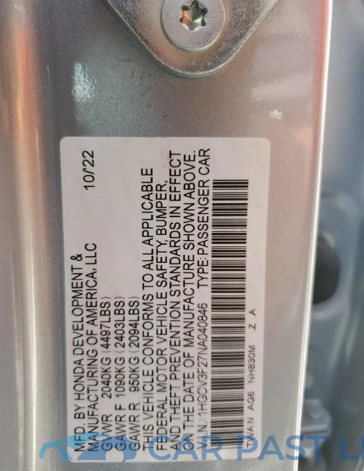 1HGCV3F27NA040846# 12