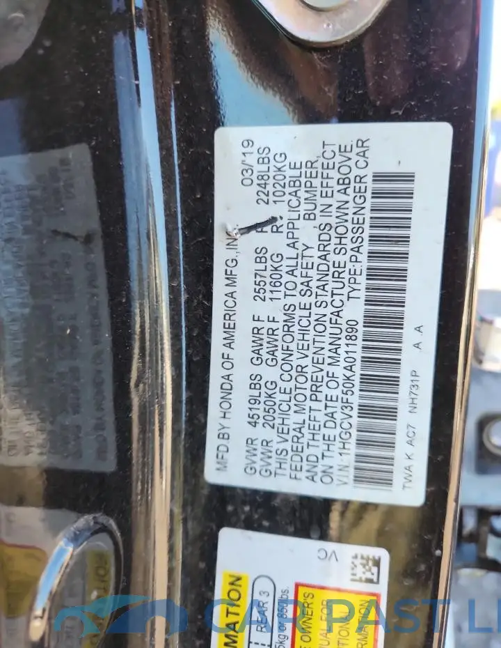 1HGCV3F50KA011890# 12