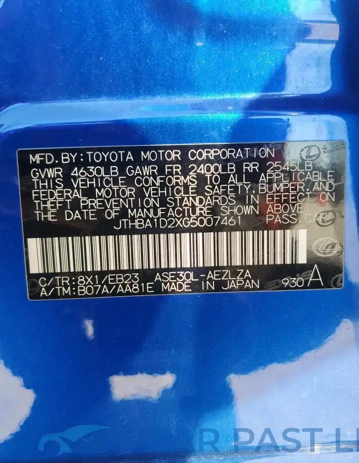 JTHBA1D2XG5007461# 12