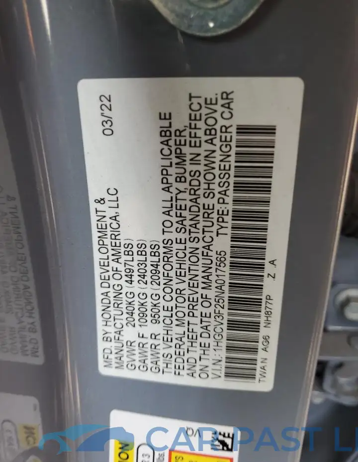 1HGCV3F25NA017565# 12