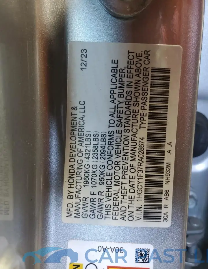 1HGCY1F37RA028674# 12