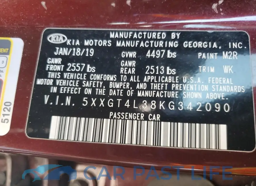5XXGT4L38KG342090# 12