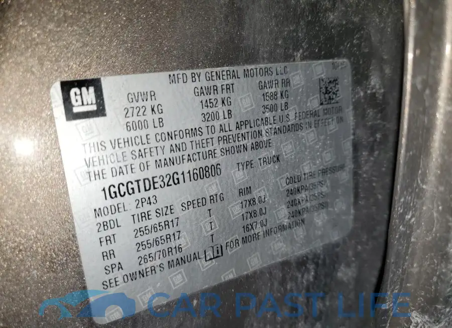 1GCGTDE32G1160806# 12