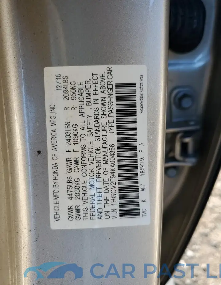 1HGCV2F94KA004356# 12