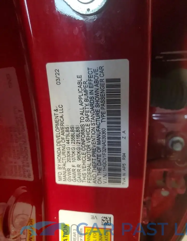 1HGCV1F32NA039360# 12