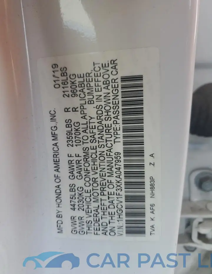 1HGCV1F3XKA047959# 12