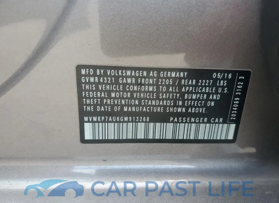 WVWKP7AU6GW913268# 12