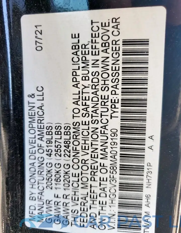 1HGCV3F58MA019190# 12