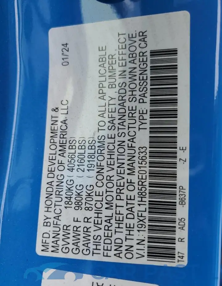19XFL1H85RE015633# 12