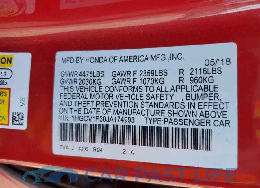 1HGCV1F30JA174993# 12