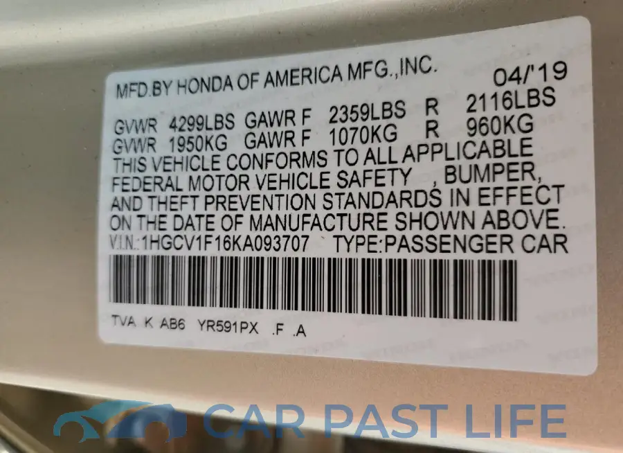 1HGCV1F16KA093707# 12