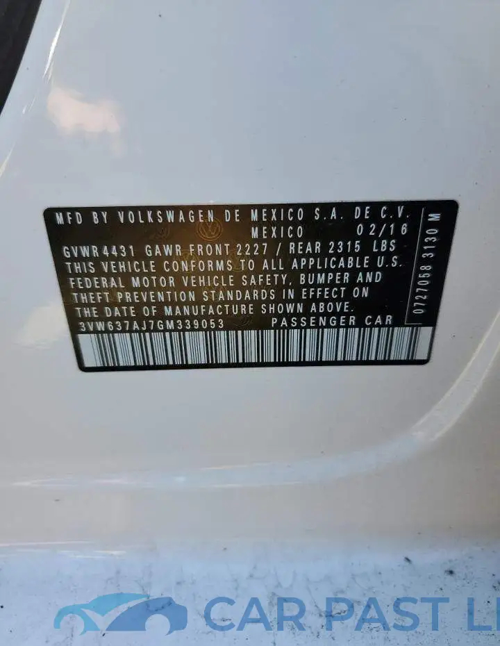 3VW637AJ7GM339053# 12