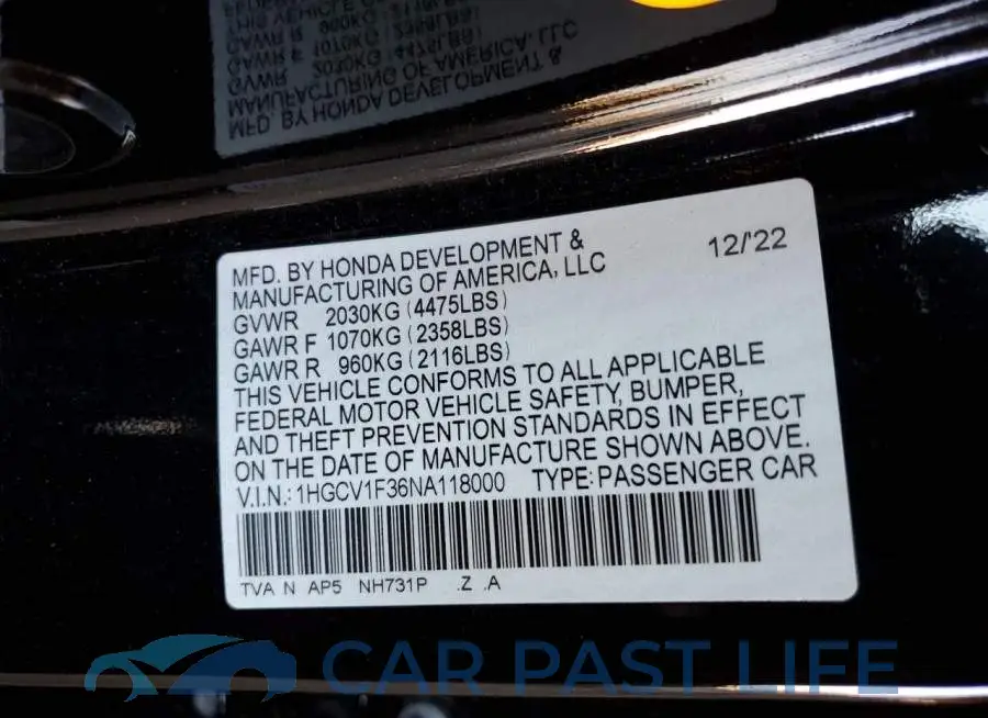 1HGCV1F36NA118000# 12