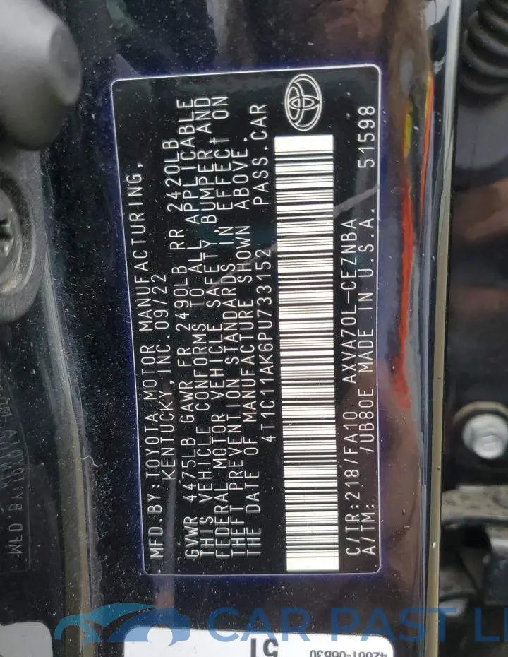 4T1C11AK6PU733152# 12
