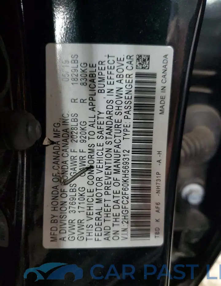2HGFC2F60KH569312# 12