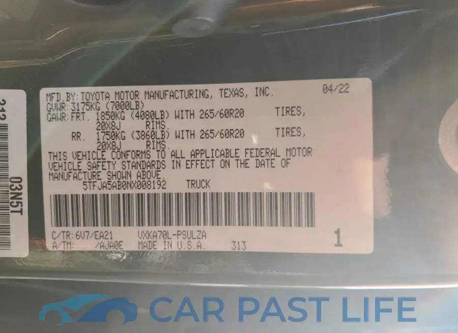 5TFJA5AB0NX008192# 12