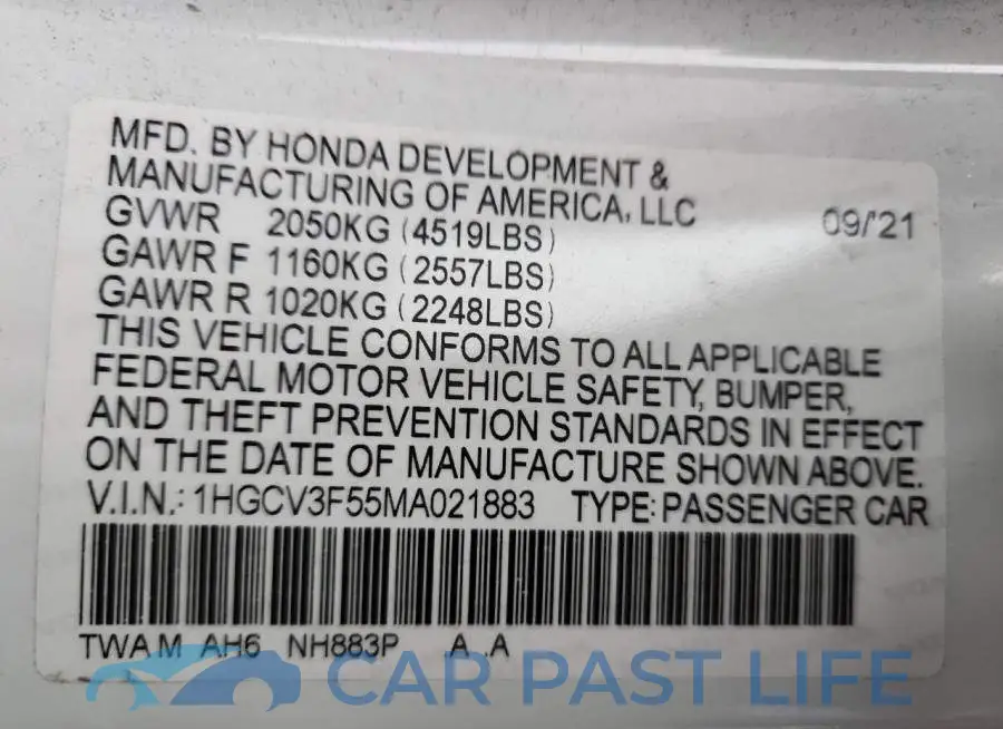 1HGCV3F55MA021883# 12