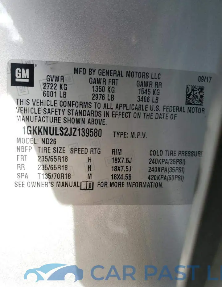 1GKKNULS2JZ139580# 12